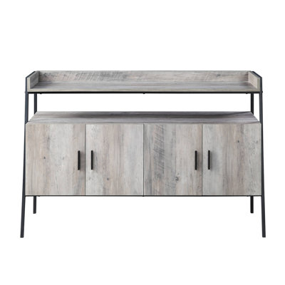 Meuble télé de 52 po en chêne gris et noir, structure en métal, rangement à 4 portes, 1 tablette ouverte, pour 50 unités de divertissement, zones de vie noires avec options de portes, compartiment, télévision principale