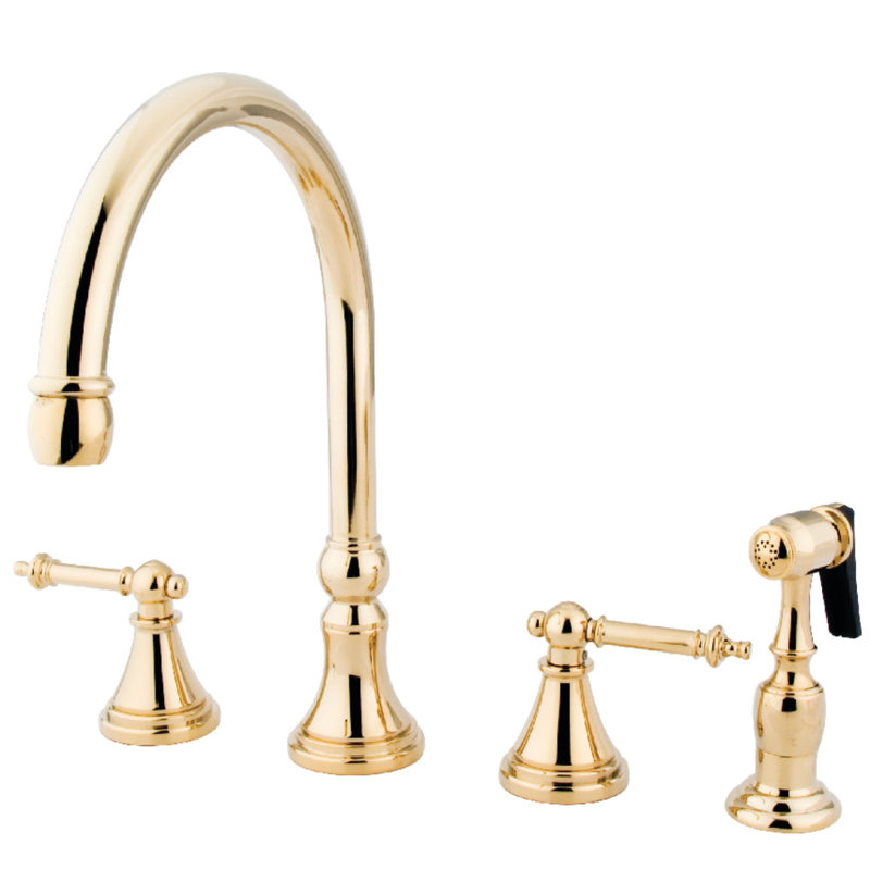 Kingston Brass Templeton Double-Handle 4-Hole Widespread Kitchen Faucet with Brass Sprayer, Polished Brass