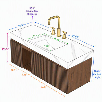Meuble-lavabo flottant mural 48 po avec lavabo, 48 po, noir pour rangement de salle de bain