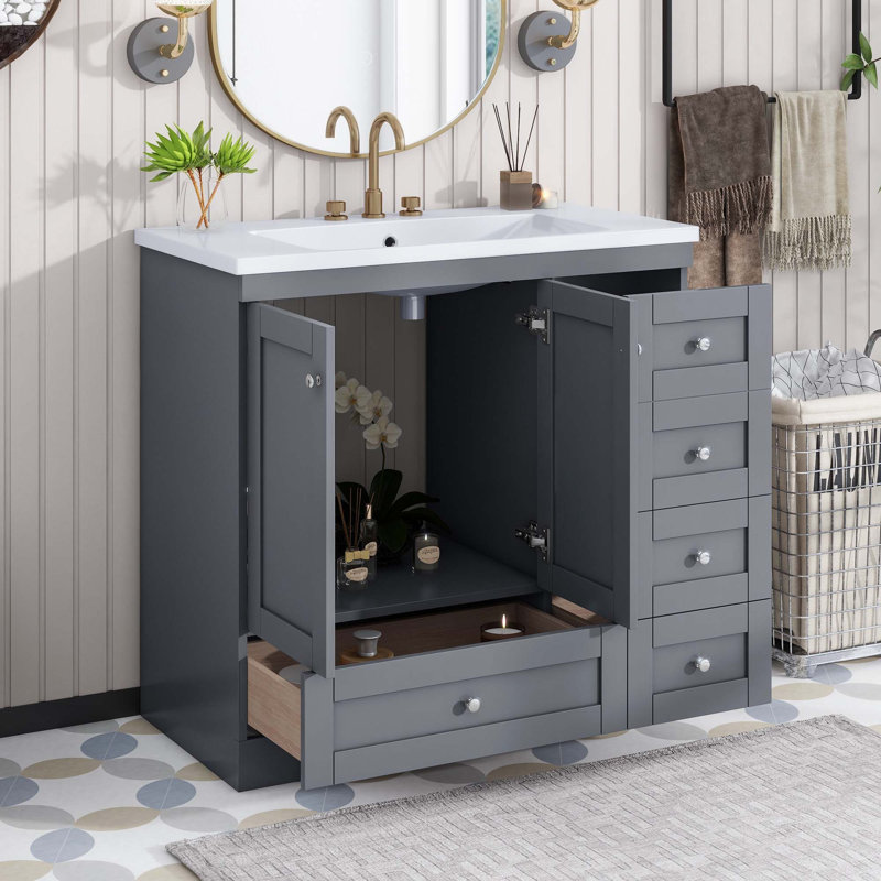 Meuble-lavabo autoportant de style Shaker avec lavabo, 4 tiroirs à fermeture en douceur et 2 portes à fermeture en douceur
