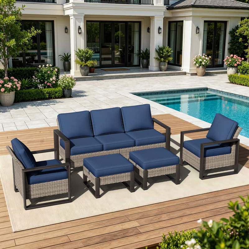 Brayson Wicker 5 - Person Patio Conversation Set with Cushions, Blue