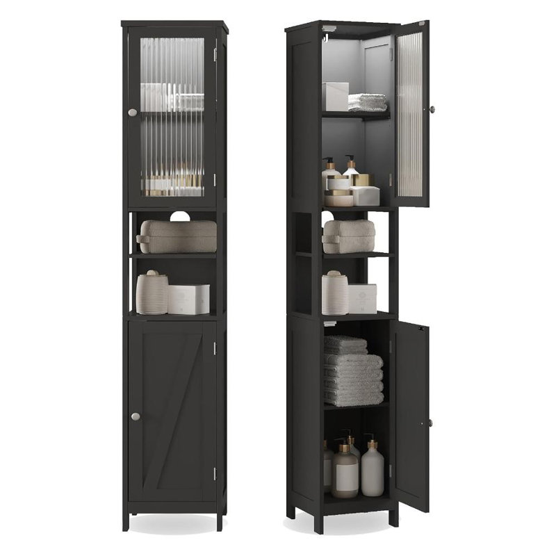 Tall Bathroom Storage Cabinet With Light, 5-Tier Narrow Bathroom Cabinet With 2 Doors, Slim Storage Linen Cabinet Freestanding With Adjustable Shelves For Space Saving