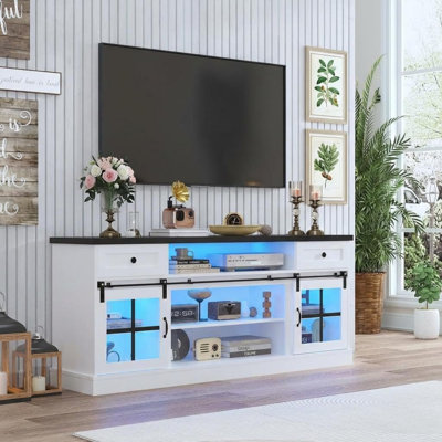 66" TV Stand for TVs up to 75", Entertainment Center with Barn Doors, Adjustable Shelves, Drawers & Power Outlets