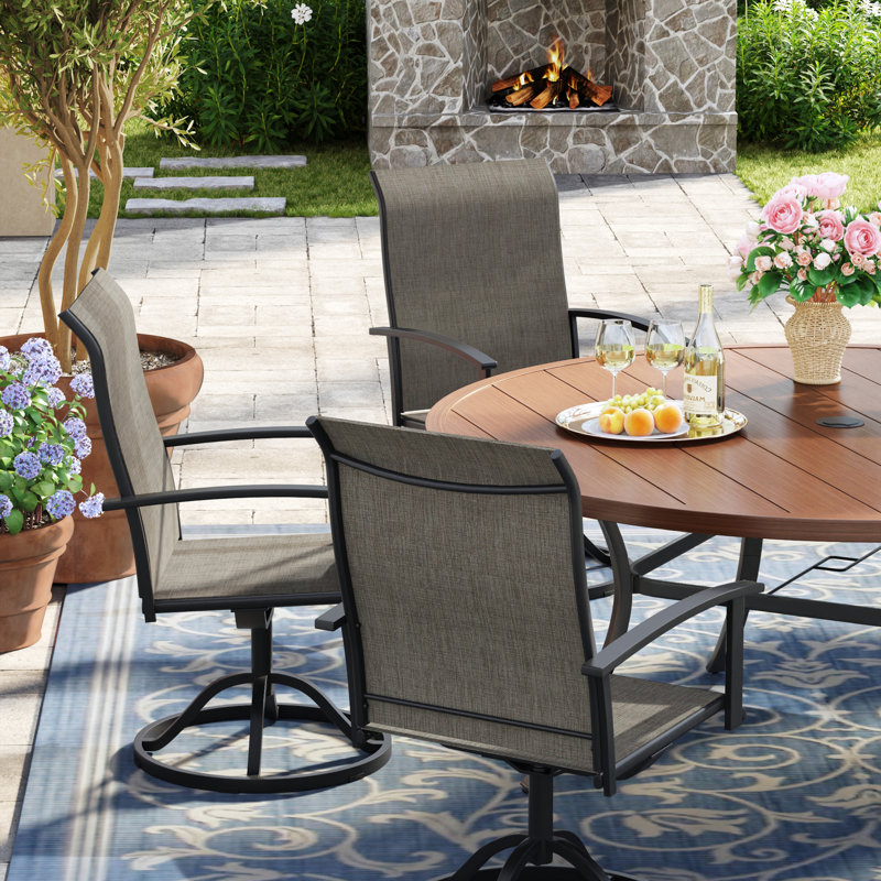 6 Peroson Round Patio Dining Set With 360° Swivel PVC-coated polyester Chairs, Brush Wood Brown/Brown