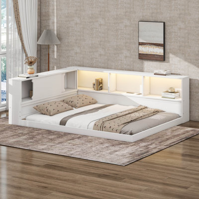 Queen Size Corner Bed With Shelves, Wood Queen Size Floor Daybed With LED, L-Shape Daybed Frame