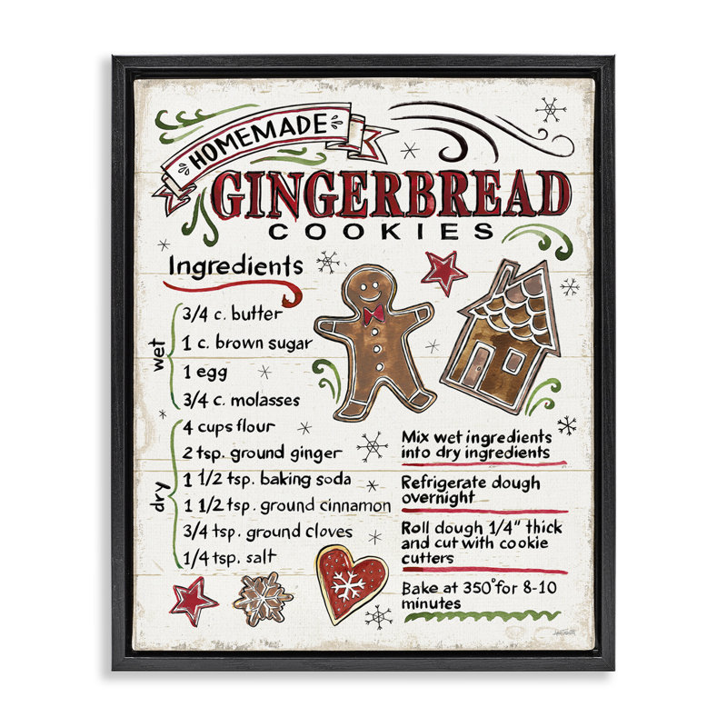 «Holiday Gingerbread Cookies Recipe», art mural encadré sur toile Floater, H 17 po x l 21 po, Cadre flottant noir de jais