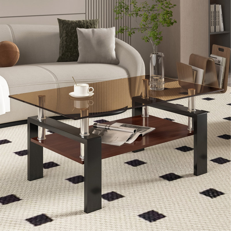 Table basse rectangulaire, plateau en verre trempé avec couche en MDF, table moderne pour le salon, verre brun