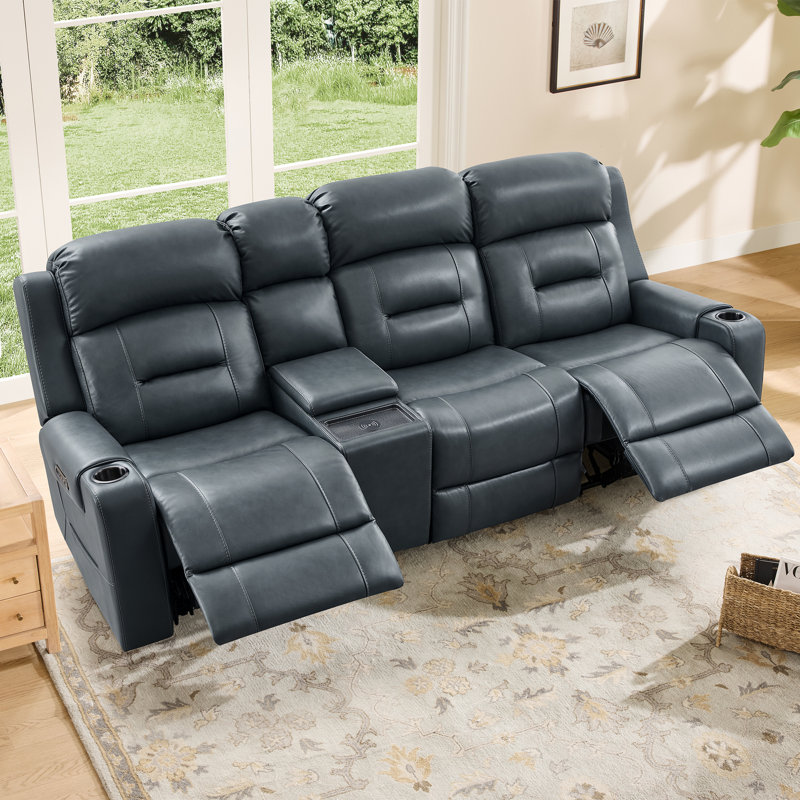 Olathe Genuine Leather Dual Motor Power Reclining Lay Flat Sofa With Power Headrest, Navy