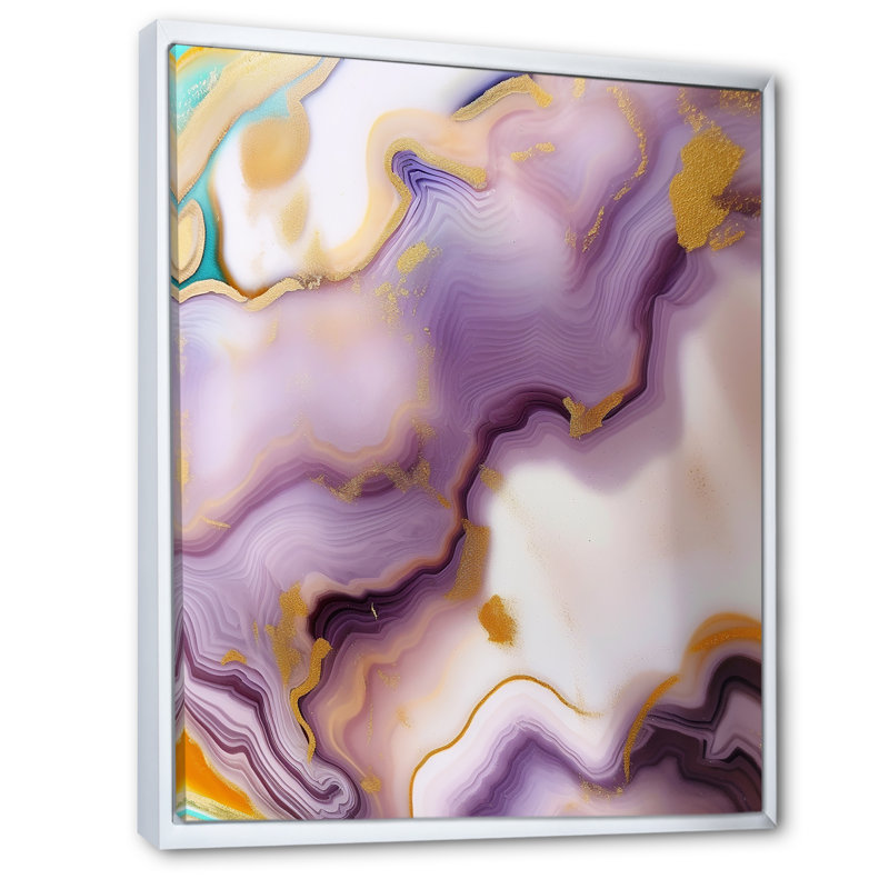 Art liquide, agate mauve et jaune sur toile, H 32 po x l 24 po, Cadre flottant blanc