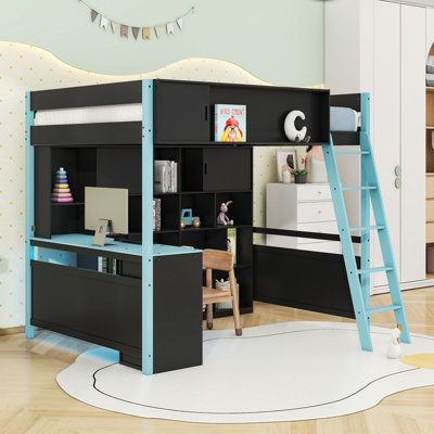 Lit mezzanine en bois avec bureau, espace de rangement et lumière