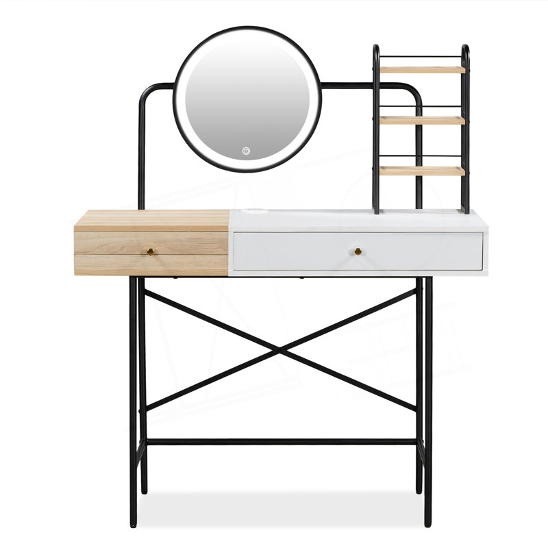 Coiffeuse de maquillage, coiffeuse avec tiroir et 3 tablettes ouvertes, meuble-lavabo de chambre
