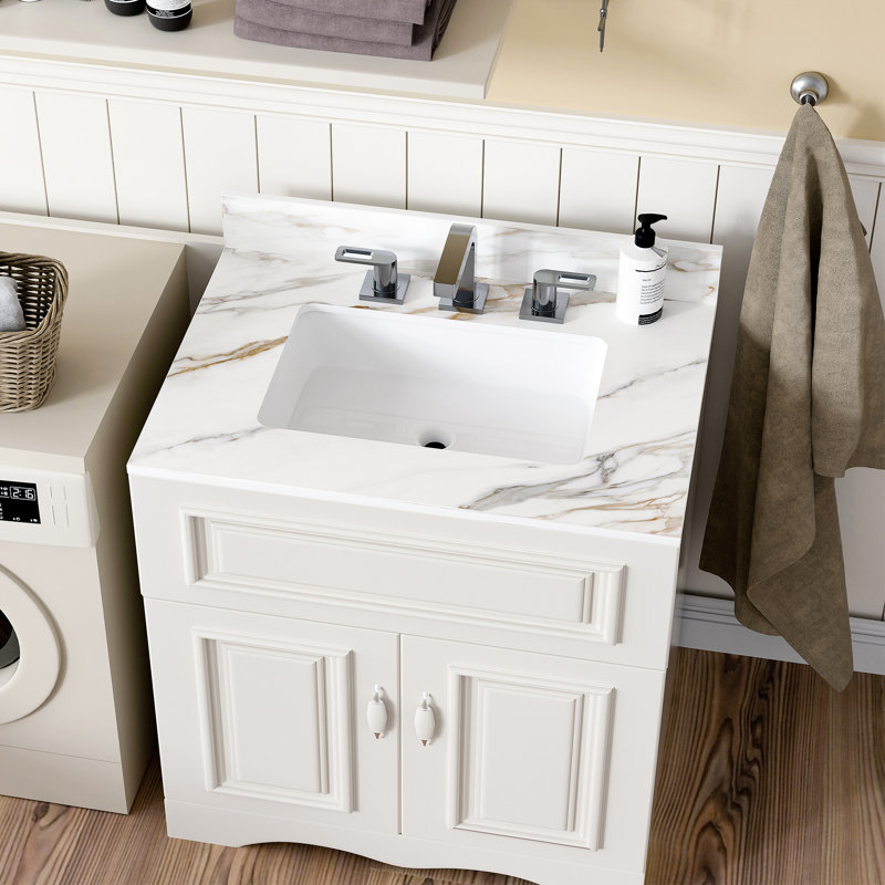 Comptoir de salle de bain 31 po - blanc avec évier rectangulaire à veines magnifiques et dosseret blanc de 4 po