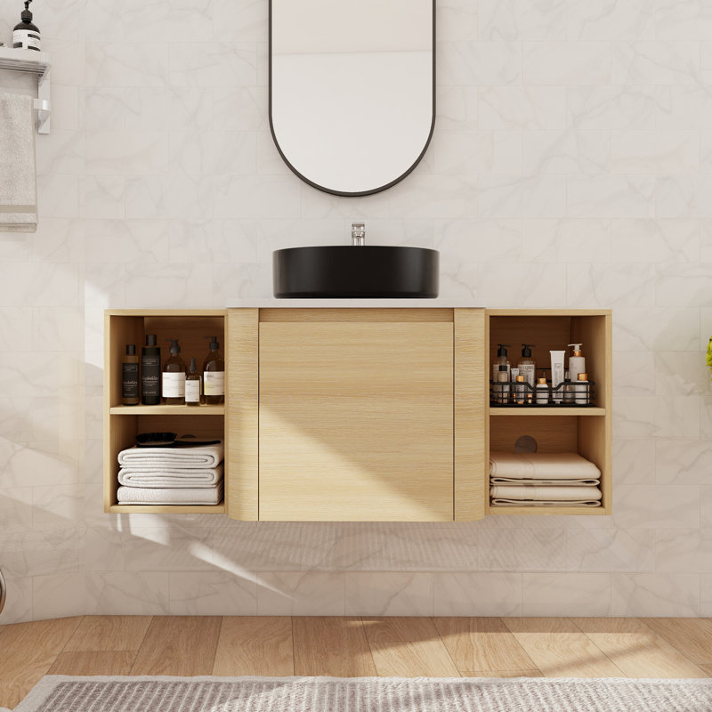 Meuble-lavabo flottant simple 48 po avec lavabo en céramique, meuble-lavabo mural avec porte à fermeture en douceur et tablette