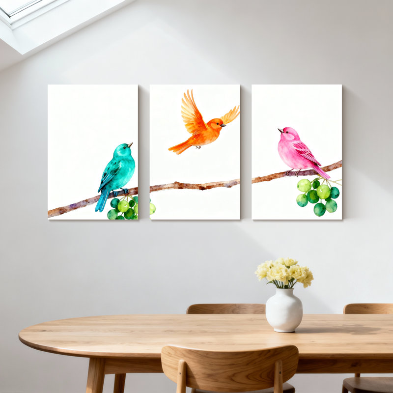 Oiseaux colorés sur une branche avec des raisins, ensemble de 3 impressions sur toile, H 24 po x l 48 po