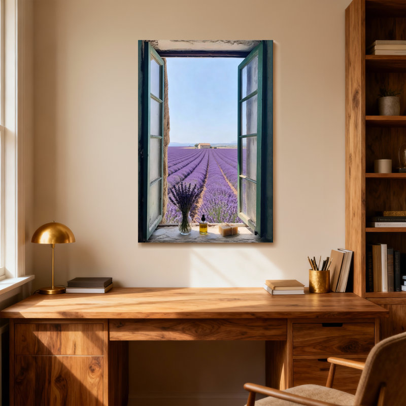 Paysage et nature, fenêtre ouverte, champ de lavande, H 40 po x l 28 po