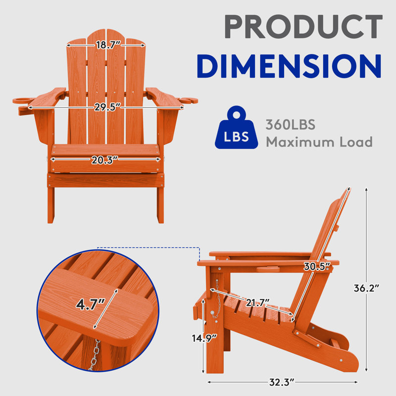 Chaise Adirondack pliante en PEHD Wolak avec porte-gobelet double, Orange