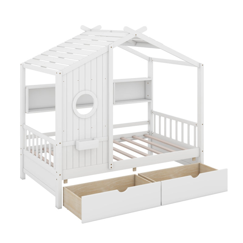 Lit maison avec 2 tiroirs, Simple, White