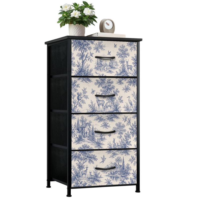 Commode de rangement verticale 4 tiroirs avec tiroirs en tissu bleu rétro Toile de Jouy