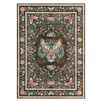 Tiger Print Machine Washable Rug Vintage Floral Soft Non-Slip Non-Shedding Low Pile Carpet for Living Room Bedroom Kitchen Dining Room