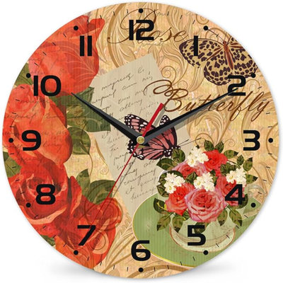 Vintage Rose And Butterfly Wall Clock, Contemporary Home Decor Easy To Read Wall Clock For Living Room, Bedroom, Bathroom And Kitchen, 10 Inch