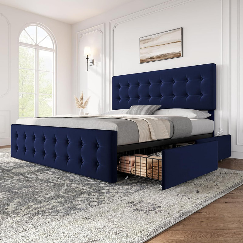 Full/Queen/King Bed Frame with 4 Drawers & Adjustable Headboard, Faux Leather Upholstered Mattress Foundation, Blue, King