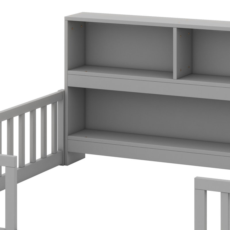 Lit sur pied avec bibliothèque latérale, tablettes, garde-corps, Gris