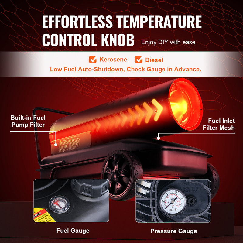 Kerosene Forced Air Heater, 175000 BTU Portable Air Space Heater With Thermostat, 13.2 Gallon Tank Energy-Efficient Heavy-Duty Heater, For Indoor Outdoor Use Workshop Industry