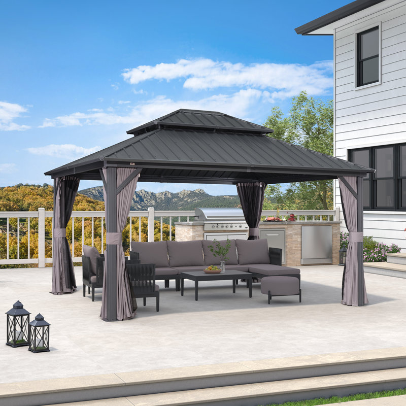 Pavillon de jardin d'extérieur en aluminium mauve 12 pi x 14 pi avec double toit en acier galvanisé robuste pour terrasse de patio, filet et rideaux inclus, gris