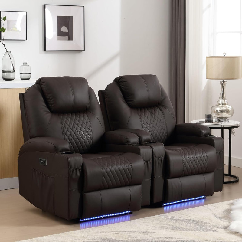 Power Recliner Chair with Vibration Massage & Heat for Adults, Faux Leather Home Theater Seating with Cup Holders/LED Lights/USB Ports/Side Pockets for Living Room(Set of 2)