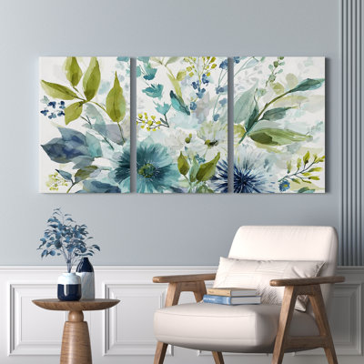 Watercolor Floral Blue Green Leaves Canvas Wrapped Wall Art Oil Painting Print Set of 3 for Living Room Bedroom Home Decor