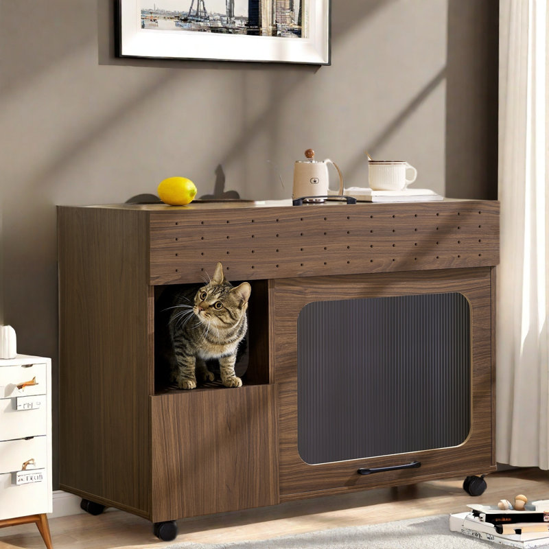 Litière multi-usage pour chat avec porte rabattable, 4 roulettes, armoires de rangement et tablette ouverte