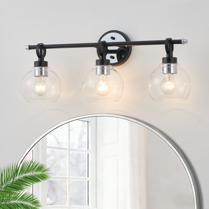 Éclairage pour salle de bain 3 lumières avec abat-jour en verre transparent, Nickel brossé