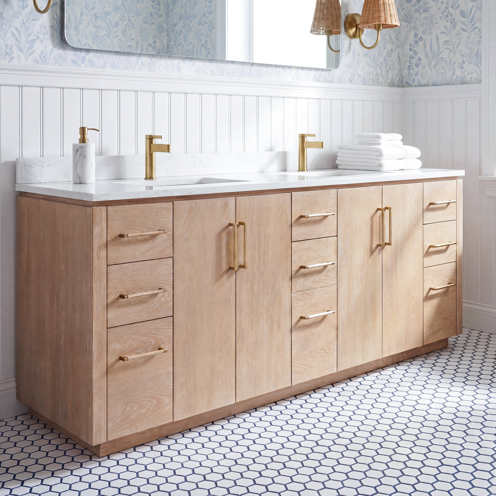 Cloverfield 84'' Double Bathroom Vanity, Gold, Washed Ash Gray