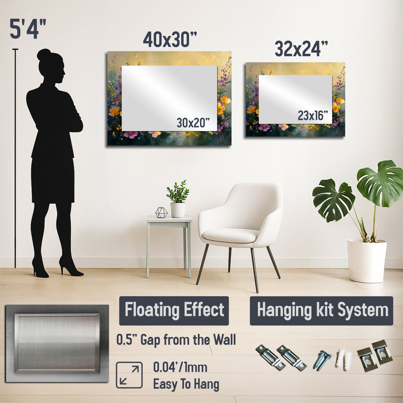 Fleurs dorées dorées, horizon verdâtre I - Art mural miroir floral - imprimé sur métal, 24 po x 32 po
