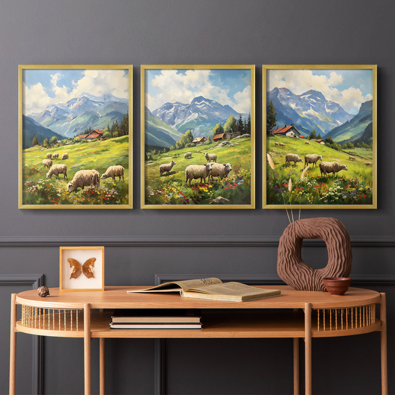 Lanscape Study Series C III -Set de 3 estampes numériques giclées -Prêt à accrocher, Cadre doré, H 14 po x l 11 po