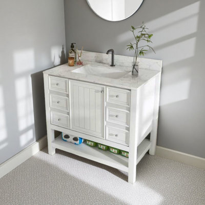 36-Inch Bathroom Vanity, Without Sink, Featuring One Cabinet And Three Drawers, Made Of Solid Wood Frame And MDF Board