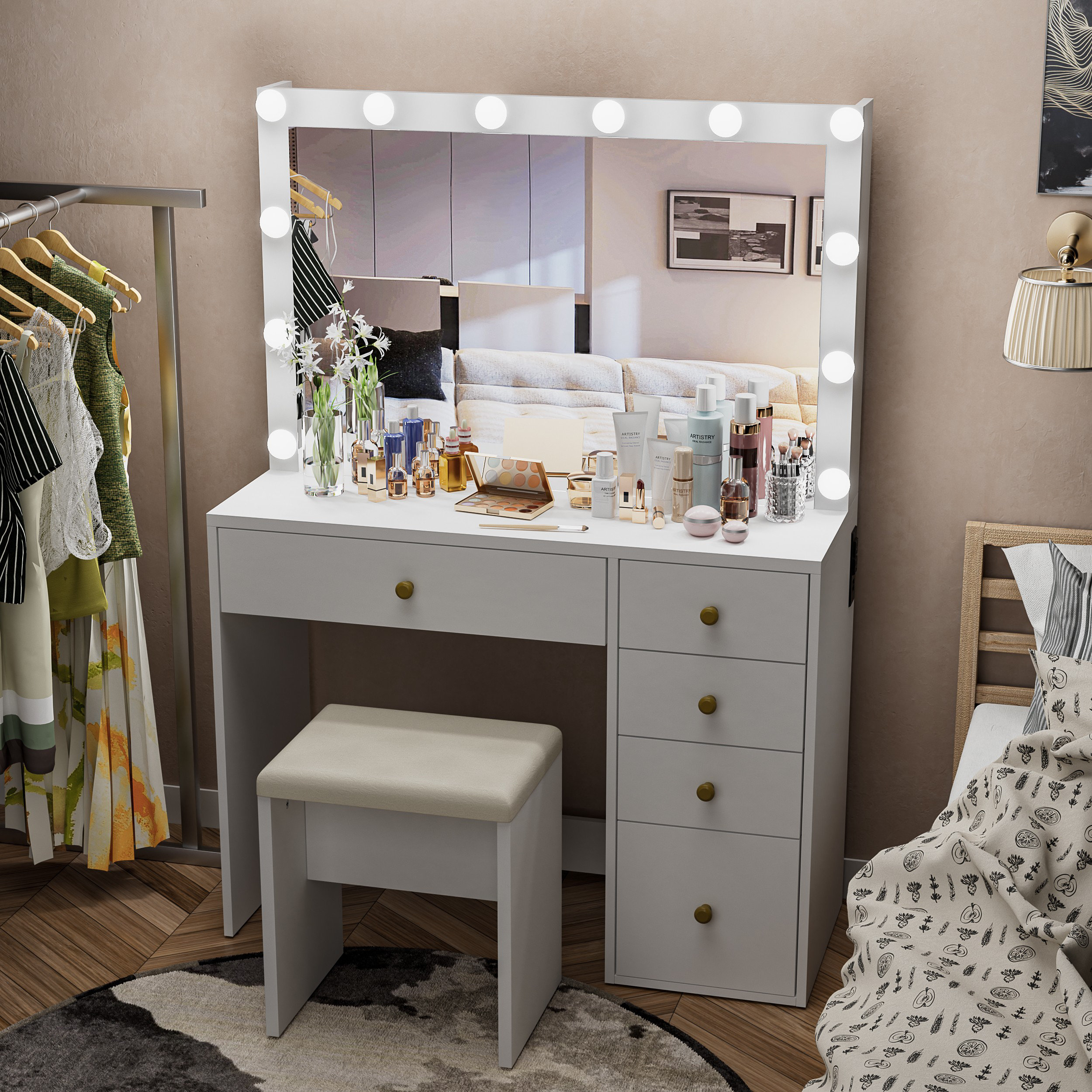 Latitude Run® Lighted Makeup Vanity Set with Outlets and Hidden Shelves 