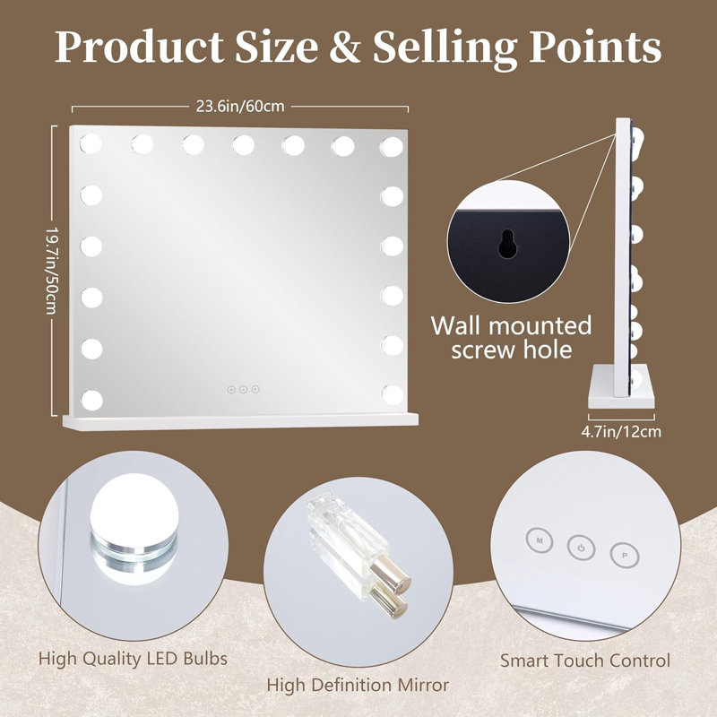 Miroir de salle de bain avec lumières, miroir de maquillage avec 17 ampoules à DEL à intensité variable, 3 modes d'éclairage couleur, miroir de grossissement 10X détachable, commande tactile pour une application de maquillage précise