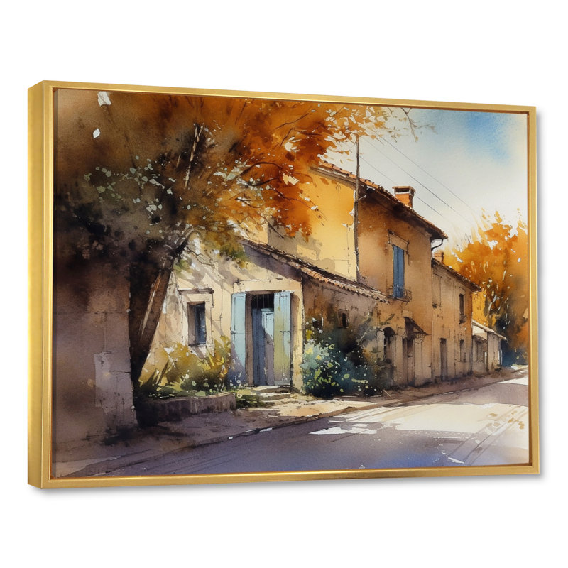 «Genessa Mediterranean Village Street VII», reproduction sur toile, H 34 po x l 44 po x P 1,5 po, Cadre flottant doré