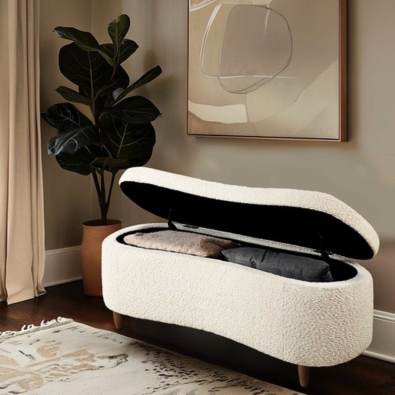 Banc de rangement à dessus rabattable crème Boucle pour le salon ou la chambre à coucher avec charnières et pieds solides