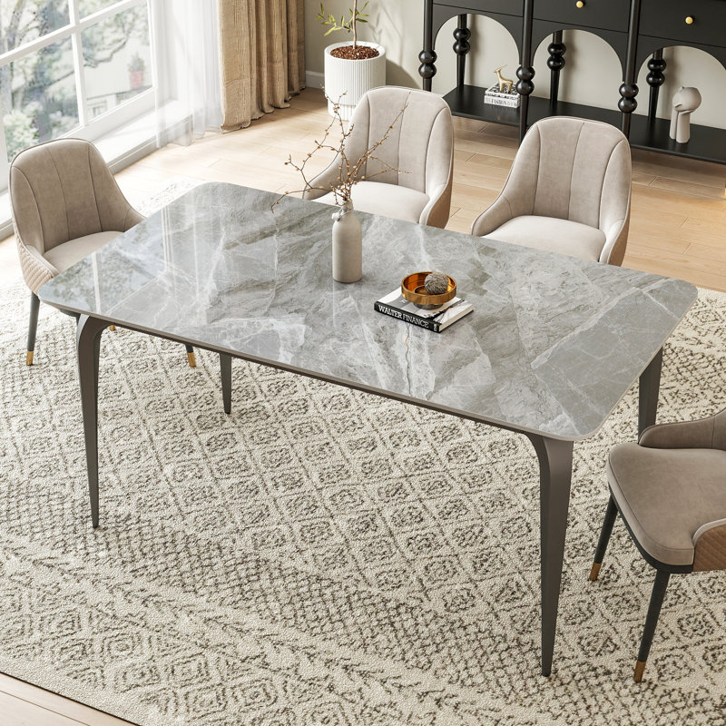 Table de salle à manger 59 po x 32 po gris pierre frittée, table de cuisine rectangulaire moderne avec pieds robustes en métal, sièges 4-6 pour une salle à manger familiale
