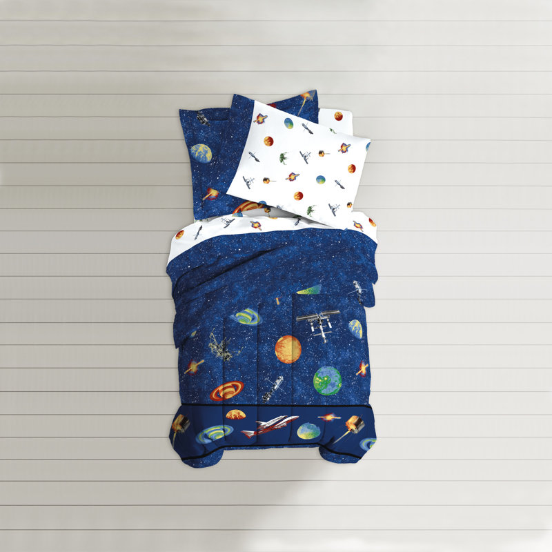 Full Blue Microfiber Reversible Outer Space Bed in a Bag Set