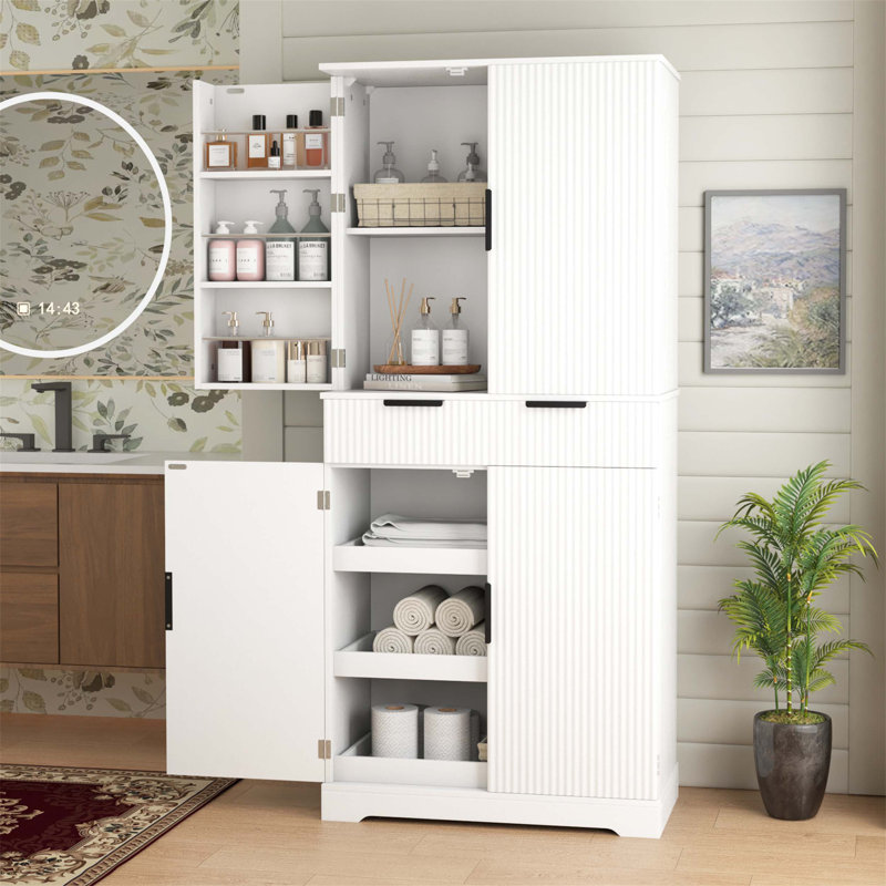 72 Inch Fluted Kitchen Pantry Cabinet with 3 Keyboard Drawers, 6 Adjustable Door Shelves, and Freestanding Design for Versatile Storage