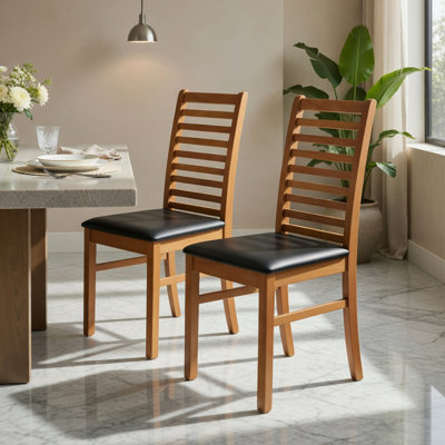 Ensemble de 2 chaises de salle à manger modernes en bois avec siège en similicuir et pieds en bois d'hévéa, dossier ergonomique à haut dossier pour salle à manger, café et bistro, brun