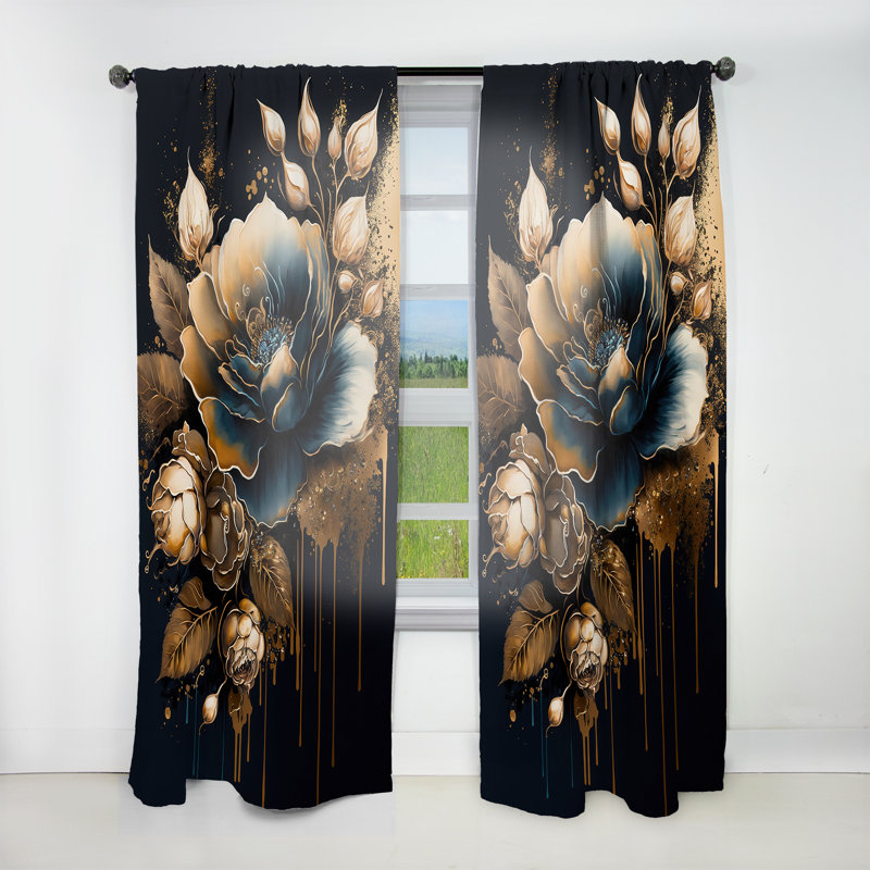 Rideau en velours floral bleu marine et rose doré II - 1 panneau, L 52 po x L 84 po