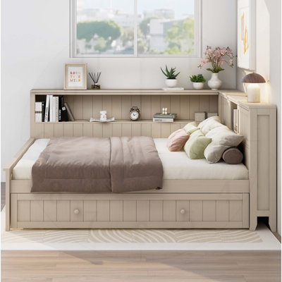 Full Size Wood Daybed with Storage Shelves and Trundle, Antique White Finish for Versatile Home Decor