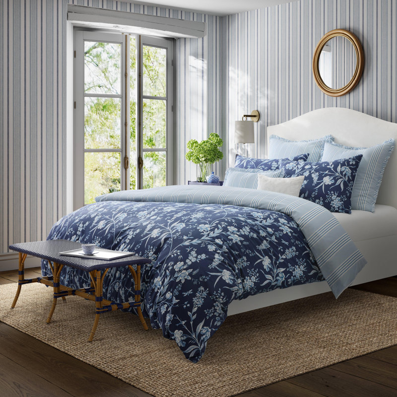 Indigo Blue Floral Cotton Full/Queen Bedspread Cover with Frills