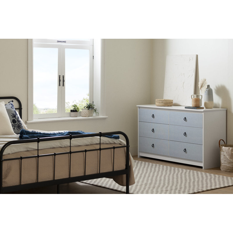 White and Blue Double 6-Drawer Dresser with Metal Handles