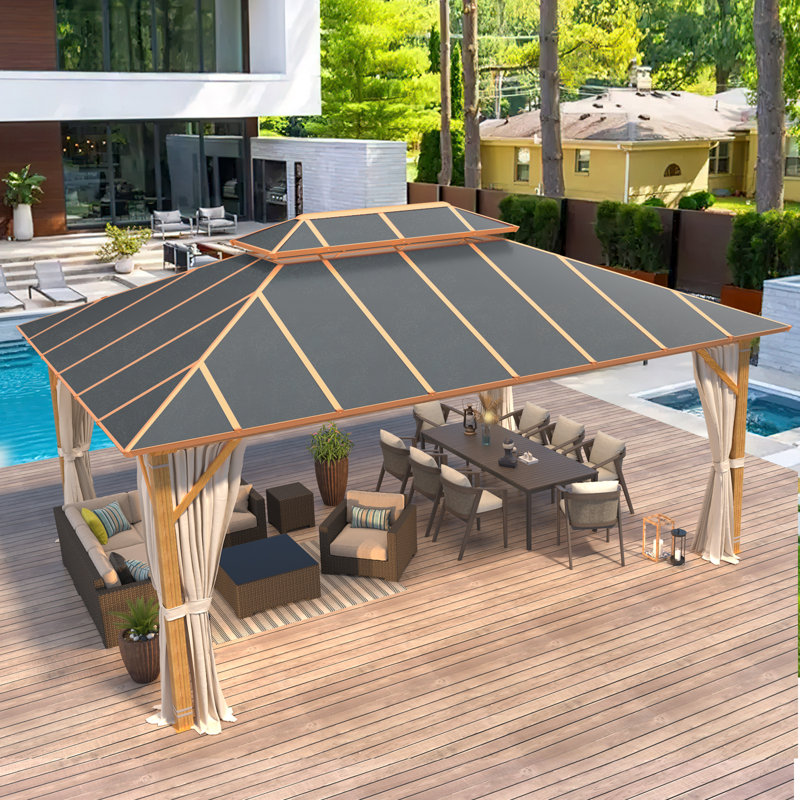Gazebo d'extérieur haut de gamme PRO de 4,27 m de large x 3,66 m de profondeur, avec structure en aluminium et double toit en acier galvanisé. Pavillon permanent robuste avec moustiquaire et rideaux, idéal pour le patio, la pelouse ou la terrasse.