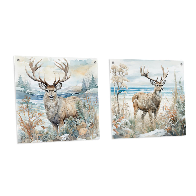 «Deer Charm In Winter» - ensemble de 2 art mural en verre acrylique, H 16 po x l 33 po